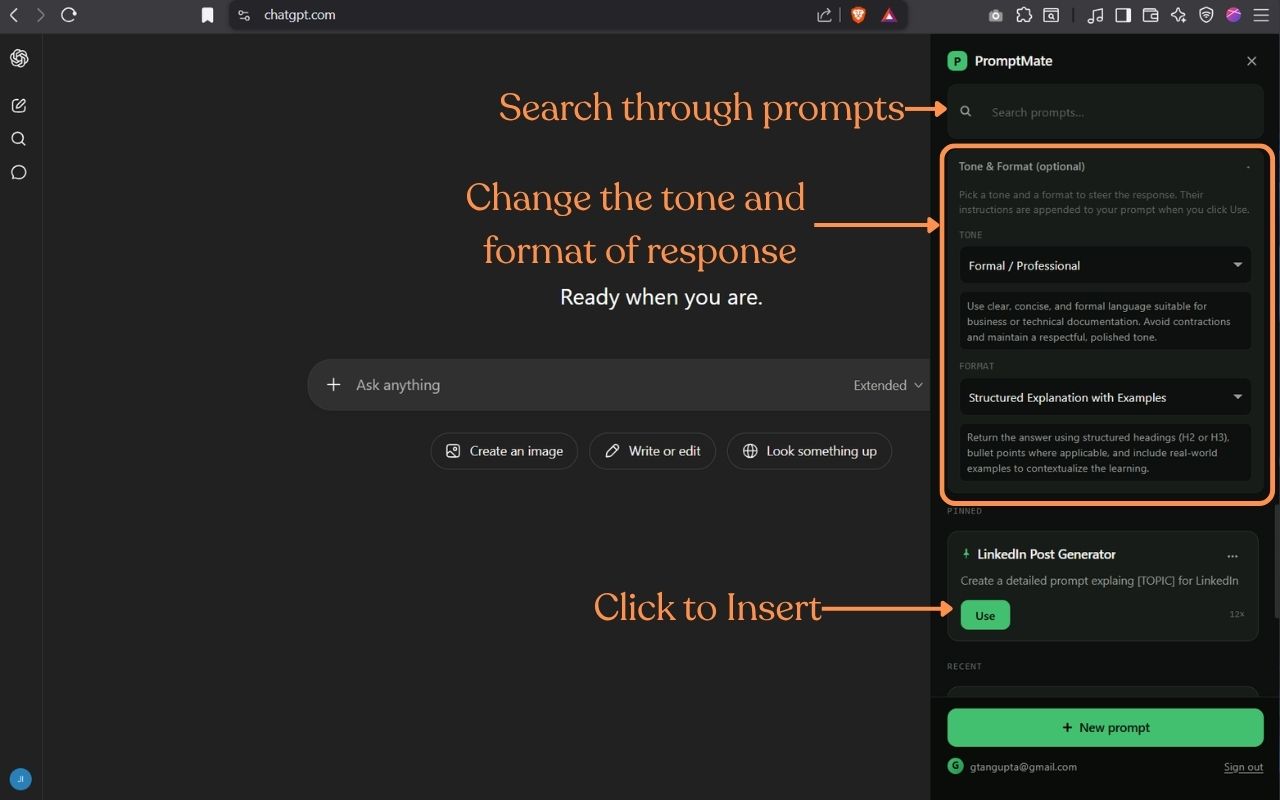 PromptMate sidebar open on ChatGPT