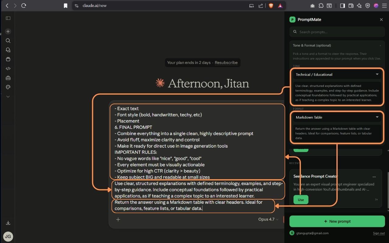 PromptMate sidebar open on Claude