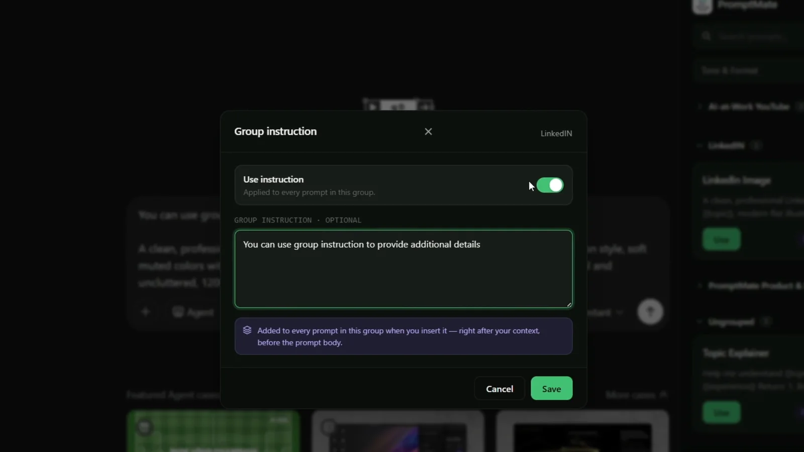 Attach shared instructions once, apply to every prompt. demo screenshot