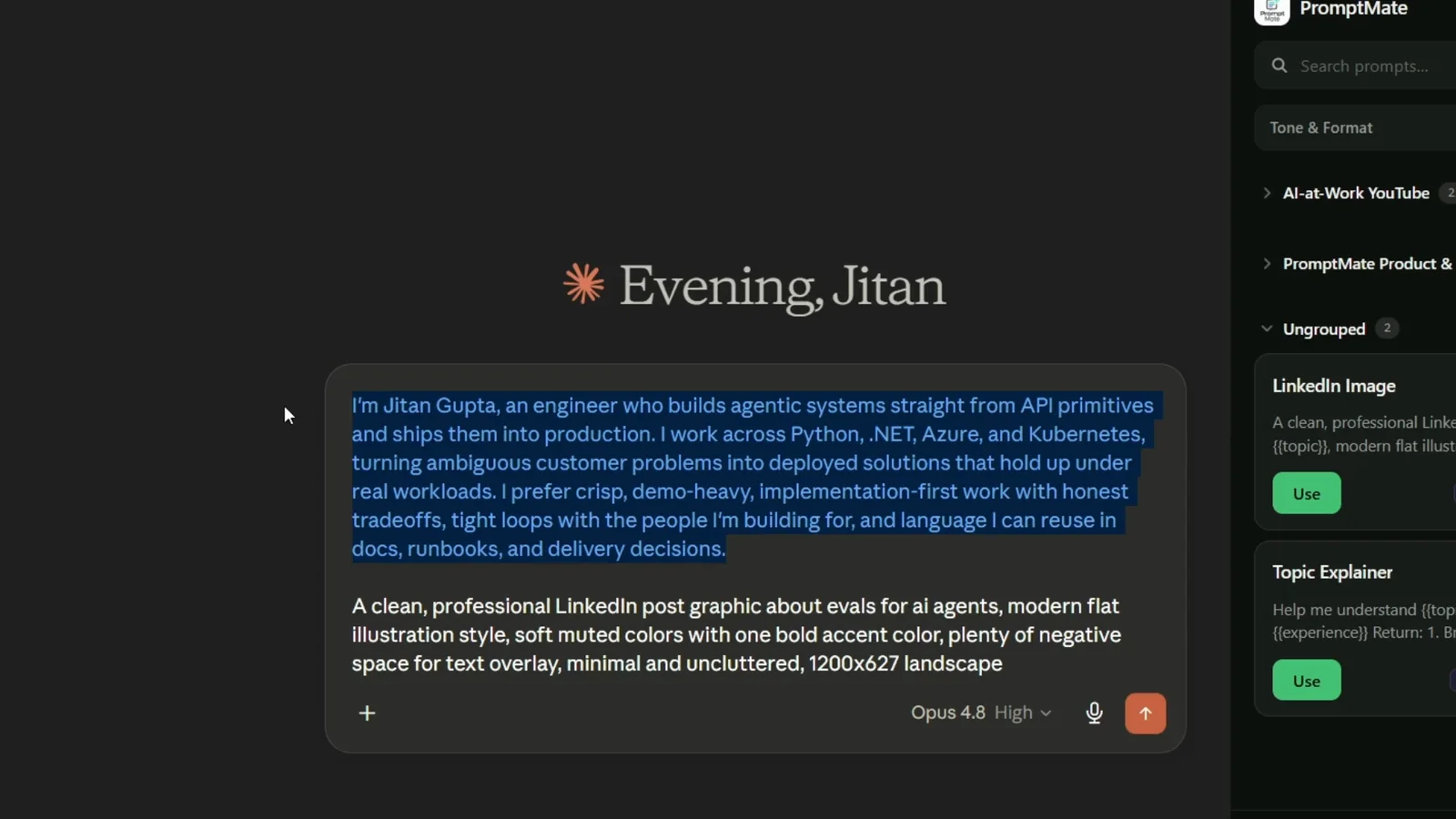 PromptMate outgoing prompt with user context inserted before the prompt body in the chat composer.