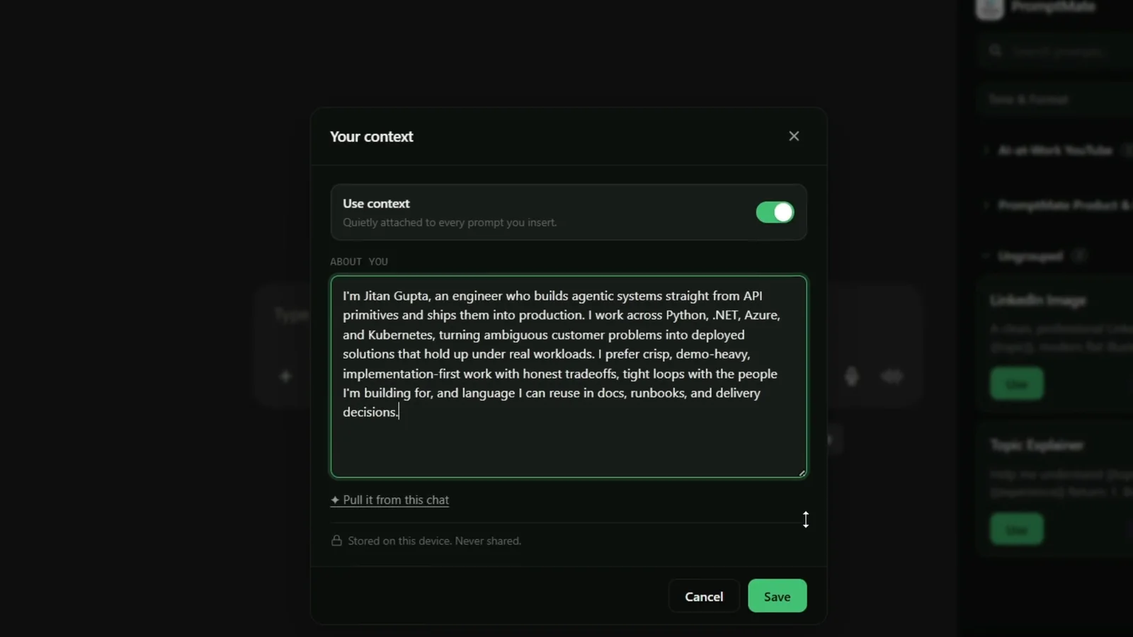 Your background, attached to every prompt. demo screenshot