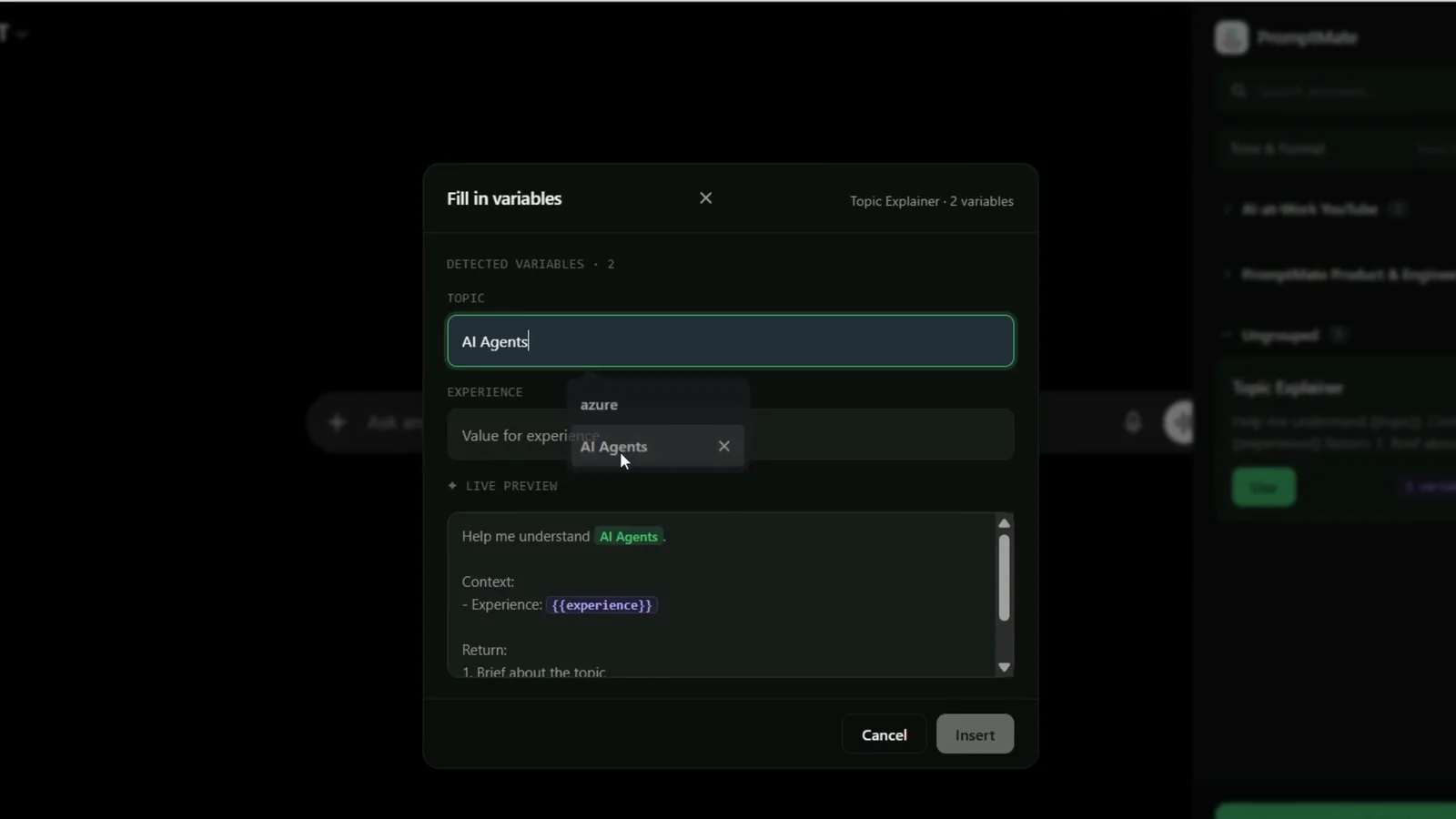 Turn any prompt into a fill-in workflow. demo screenshot