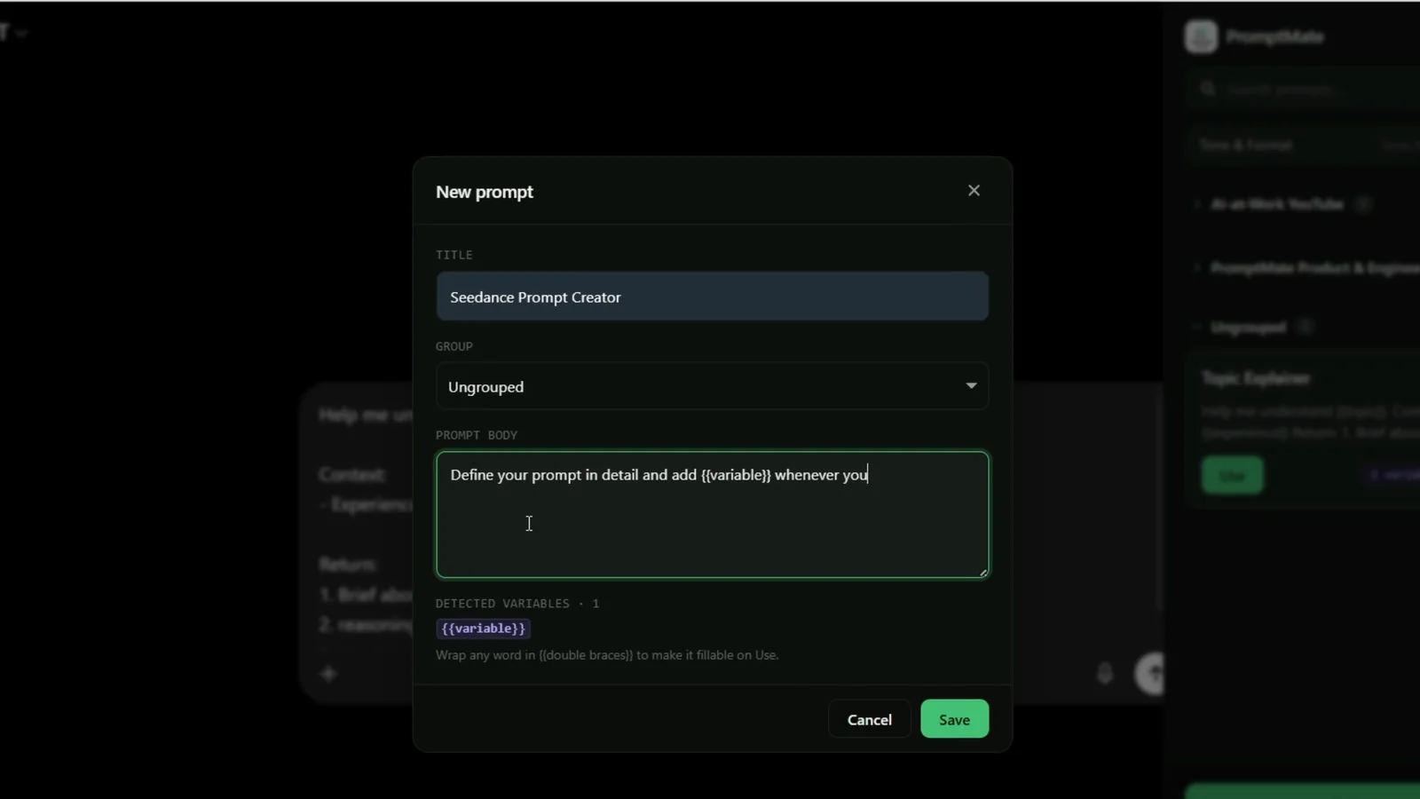 PromptMate prompt editor showing a {{variable}} placeholder being detected.