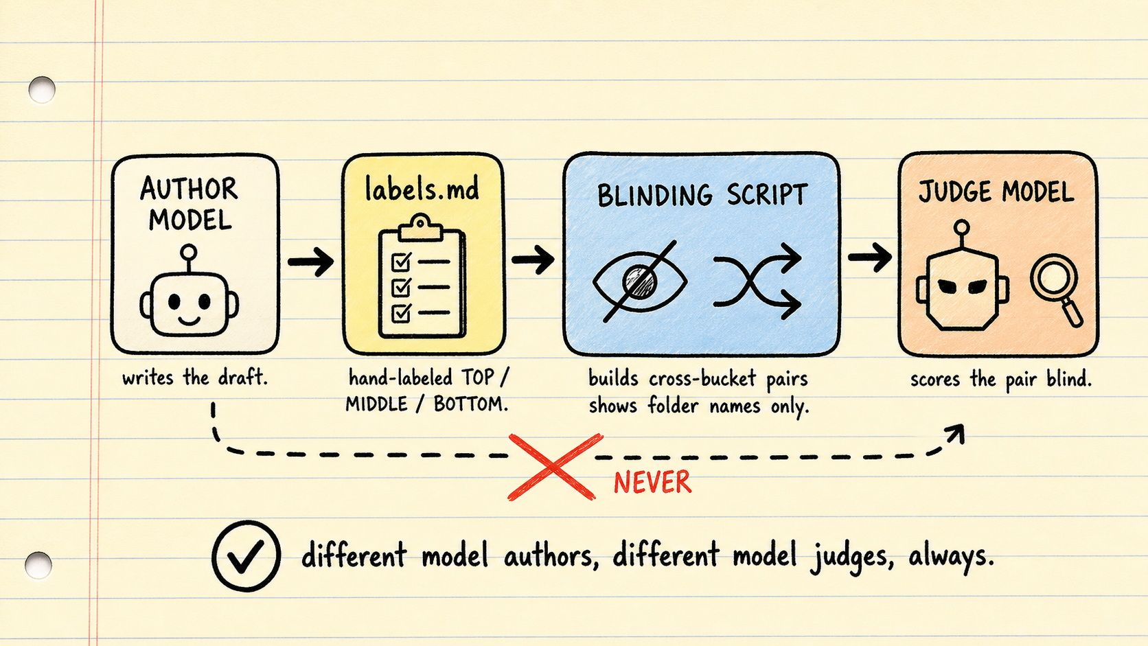 Blind judging pipeline: the author model drafts content, a blinding script strips labels.md down to folder names and cross-bucket pairs, and a separate judge model scores the pair with no visibility into the original hand-labeled buckets
